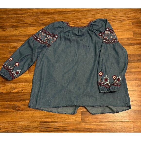 Style & Co Women's Embroidered Peasant Top Size 1X Blue Boho Tassel Tie Pullover - Picture 2 of 12